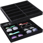 Batiyeer Sunglasses Organizer Storage Tray 10 Grids Eyewear Watch Holder Display Stackable Ice Velvet Tray Women(Black,2 Pcs) - color: Black