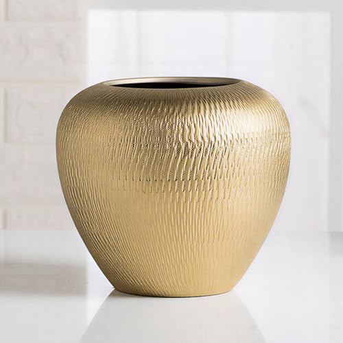 Gold Round Ceramic Vintage Vase - 7.48“ Golden Rustic Farmhouse Boho Vases for Home Decor, Modern Decorative Pottery Vase for Living Room, Diningroom Table, Entryway, Mantel - style: Gold Texture Round