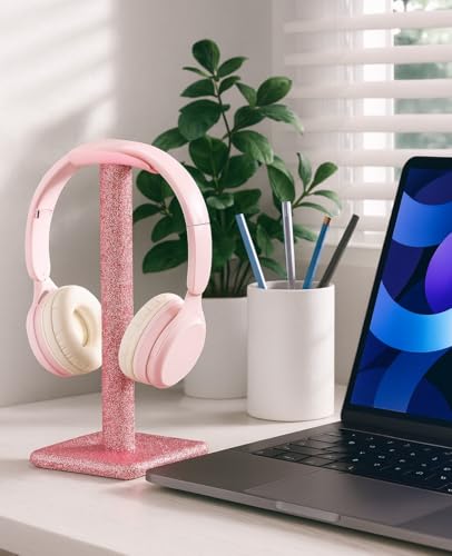 Luxury Rhinestone Headphone Stand – Cute Crystal Headset Holder for Gamer Girl Desk Setup – Bling Kawaii Desk Accessories with Soft Headrest – Aesthetic Gift for Daughter & Girlfriend (Pink) - color: Pink Sparkle
