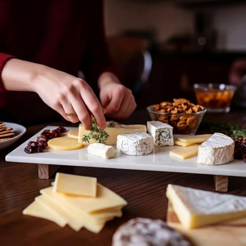 Marble Charcuterie Board Display White Cheese Cutting Footed Stand Tray with Wooden Feet 15.75"L x 8" W x 2.5" H for Vanity, Kitchen and Serving, or as a Gatherings Elegant Cheese Board Gift