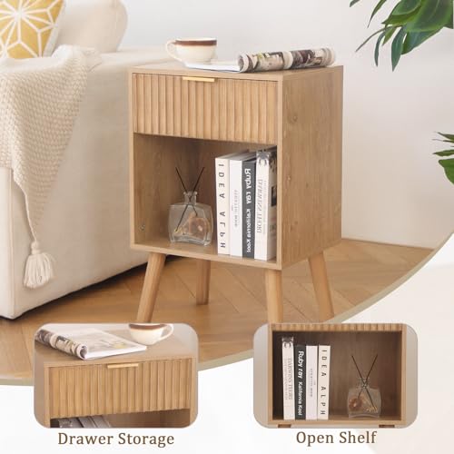 Fultyle Wood Nightstand with Charging Station, Bedside Table with Fluted Drawers and Outlet, Boho Night Stand for Bedroom, Living Room, Office (Rustic Walnut) - color: Rustic Walnut With Charging Station