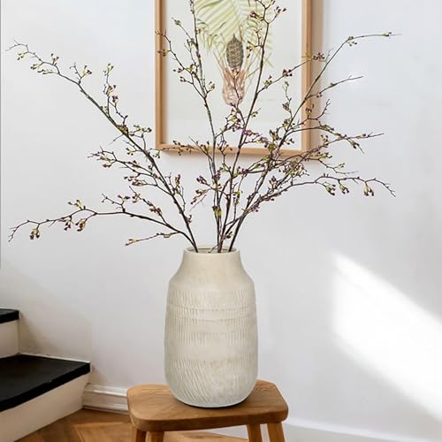 11" Rustic Ceramic Vase with Irregular Flutes Texture & Sand-Grain Surface, Antique Vase for Pampas & Vibrant Flowers, Warm-Toned Style, Beige White - color: 11" Beige White