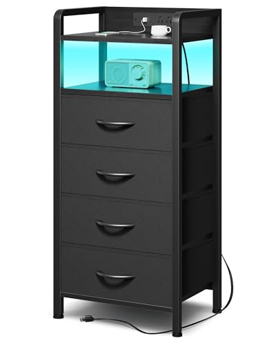 Lazzanto Night Stand Bedside Table Bedroom - Tall Nightstand with Charging Station & LED Light Strip, Bed Side Table with Storage Shelf & 4 Fabric Drawers, 2 U-S-B Ports & 2 AC Outlets - color: Black, size: 4 Drawers