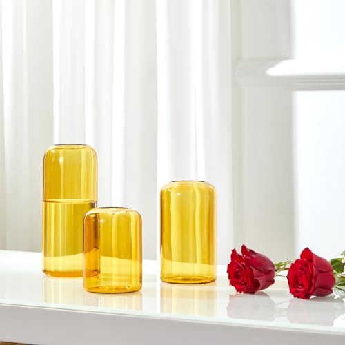 ZENS Glass Bud Vase Set of 3, Hand Blown Small Amber Bud Vases for Flower Decorative, Modern Cylinder Clear Glass Vase for Wedding,Living Room Home Décor - color: Medium Amber, size: 3pcs