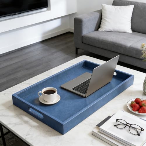 30x24 inches Rectangle Leather Ottoman Serving Tray with Hole Handles, Extra Large Modern Service Tray for Living Room, Coffee Table, Bed, Tea, Food, Countertop, Kitchen, Dinner, Picnic (Blue) - color: Blue, size: 30" x 24" x 2"
