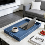 25x18 inches Leather Ottoman Serving Tray with Hole Handles, Rectangle Large Modern Service Tray for Living Room, Coffee Table, Bed, Tea, Food, Butler Countertop, Kitchen, Dinner, Picnic (Blue) - color: Blue, size: 25" x 18" x 2"