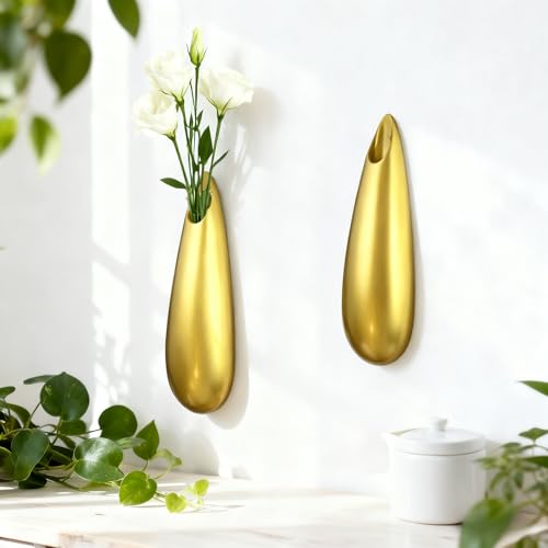 Sculptural Wall Ceramic Vase — 2 Pack Gold Hanging Sconce Vase | Turn Flowers into Art — Decorative Ceramic Wall Sconce for Single Stem Displays - size: 2pcs-Large