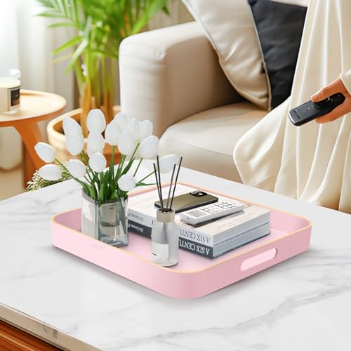 MAONAME 13" Pink Decorative Tray, Serving Tray with Metal Handles, Square Plastic Trays for Ottoman, Modern Coffee Table Trays for Living Room, Bathroom - color: Pink, size: 13" x 13" x 1.6"