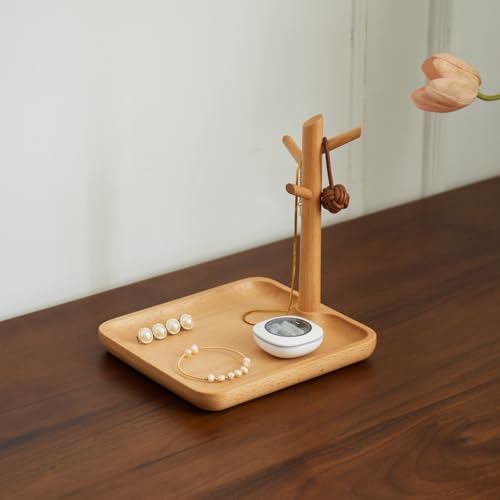 Solid Beech Wood Key Tray and Bowl for Entryway Table - Smooth Polished Branch-Shaped Organizer With Hooks for Keys, Wallet, Jewelry, Glasses (Beech, Square) - color: Beech, size: Square