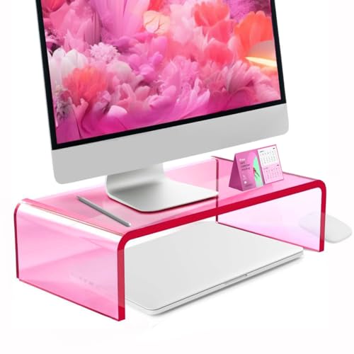 Ergonomic Acrylic Monitor Stand with Storage - Bright Pink Desktop Organizer for Back Pain Relief & Space Saving, Stylish & Modern Desktop Organizer(Home/Office Use)