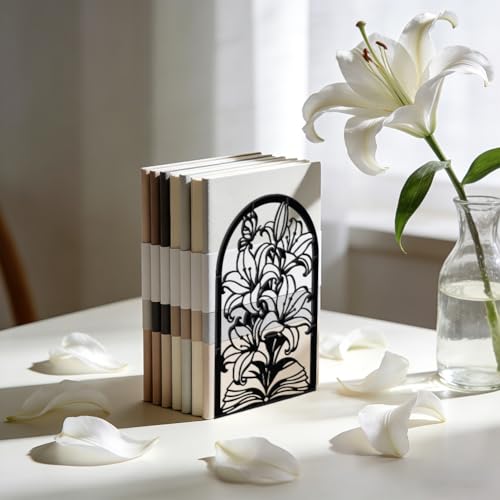 WADORN 1 Pair Lily Flower Decorative Bookends Reading Gift for Floral Lovers and Reading Enthusiasts Black Heavy Duty Book Stand Unique Book Holder Stopper for Home Office Library 5.3x4.3x7.9 Inch - color: Lily Flower