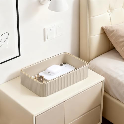 Desk Organizer Tray, PU Leather Nightstand Organizer Perfume Valet Tray for Men Women, Decorative Vanity Trays Trinket Dish Key Bowl for Entryway Table (Beige, Small) - color: Beige, size: 9.5" x 6" x 2.2"