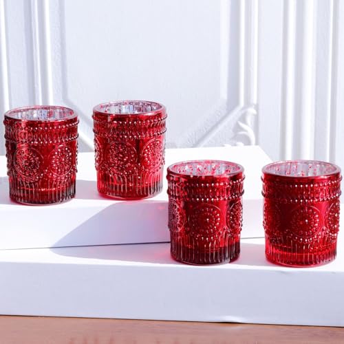 VOHO Red Mercury Glass Candle Holder Set of 12, Boho Sunflower Red Votive Candle Holders for Table Centerpiece, Festive Tealight Candle Holder for Christmas, Thanksgiving, Valentines Day Decorations - color: Red