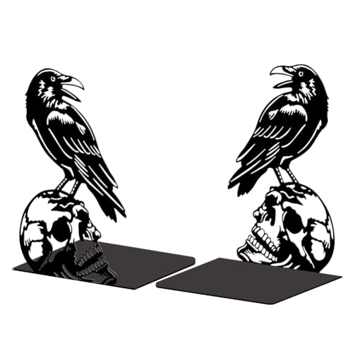 Peacoblue Metal Bookends for Shelves, Modern Decorative Heavy Duty Study Book Support Stoppers for Office, Desk, Shelf, Room 5.3"x4.3"x7.4" Cast Iron Simple Tall Bookends, 1 Pair (Crow and Skull) - style: Crow and Skull