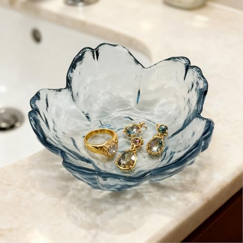 Flower Ring Dish Jewelry Tray, Glass Jewelry Dish Tray, Aesthetic Room Decor Small Trinket Dish, Nightstand Jewlery Ring Holder Dish, Bathroom Jewelry Plate Bowl for Rings Earrings Wife Gift (Blue) - color: Blue
