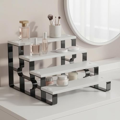 4-Tier Cologne & Perfume Display Shelf, 11.2" Wide White Wood Step Organizer, Makeup Organizer & Spice Rack for Bathroom Countertop, Bedroom Dresser & Kitchen - color: White, size: 4 Tiers-width=11.2"