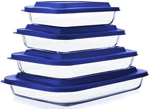 8-Piece Glass Baking Dish Set with Plastic lids,Rectangular Glass Bakeware Set with Lids, Baking Pans for Lasagna, Leftovers, Cooking, Kitchen, Freezer-to-Oven and Dishwasher, Blue - color: Navy blue