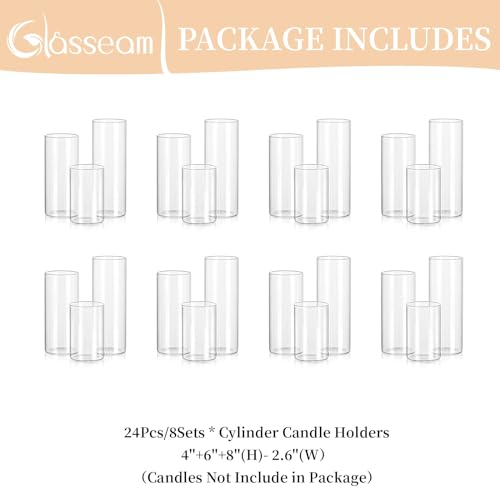 Glasseam Hurricane Pillar Candle Holder Bulk 24, Clear Candle Holders for Pillar Candles, Glass Cylinders for Floating Candles, Modern Floating Candle Vases for Centerpieces Wedding Dining Home Decor