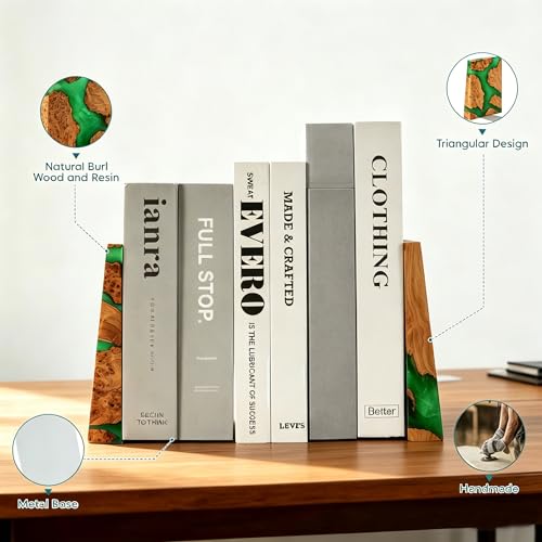 Glow in The Dark Green Resin Bookends, Burl Wood Book Ends for Shelves – Unique Luminous Book Organizer for Office Desk, for Book Lovers (Luminous Green) - color: Luminous Green