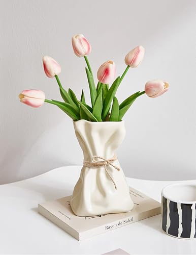 FOWSEEK 6IN Cream Ceramic Vase, Irregular Flower Vase Modern Art Decorative Vase for Flowers, Unique Paper Bag Vase for Home Office Centerpieces Entryway Bookshelf Living Room Table Decor - color: Cream Ceramic, size: Small