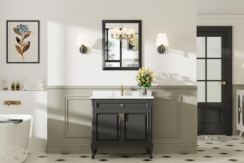 Briivue 24x30 Inch Black Bathroom Mirror for Wall, Thick Metal Framed Rectangle Mirrors for Over Sink, Bedroom, Living Room, Entryway, Anti-Rust, HD Tempered Glass - color: Black, size: 24"L x 30"W