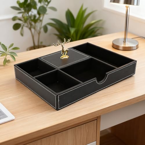 Jewelry Trays Nightstand Organizer, Valet Tray for Men and Women, Dressing Table Storage Box, Dark Brown Faux Leather, 5 Compartment - color: black