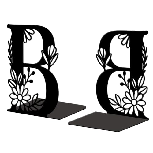 Peacoblue Metal Bookends for Shelves, Modern Decorative Heavy Duty Study Book Ends Stoppers for Office, Desk, Shelf, Room 5.3"x4.3"x7.1" Cast Iron Simple Tall Bookends 1 Pair (Letter B with Flower) - style: Letter B with Flower