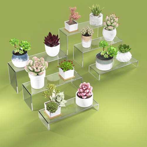 6 PCs Risers Display Stands 3 Tiers Desktop Acrylic Shelves Cake Dessert Holder Products Stand for Collectibles Shoes Jewels Pop Figure (Clear) - color: Clear