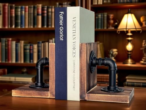 Wooden Bookends for Heavy Books Realistic Industrial Pipe Design Farmhouse Bookends for Home Office(Pipe Light Brown) - color: Light Brown Pipe