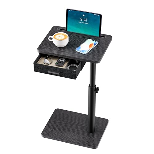 TV Tray with Drawer & Device Slot, Swivel Height Adjustable bedside table, Sofa Side Table for Eating, C Shaped Couch Table for Living Room & Bedroom, Portable Snack End Table for Couch & Bed, Black - color: Black