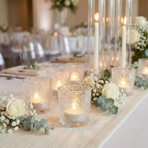 12 Pack Mandala Embossed Glass Candle Holders – Votive Tealight Holders with Patent Design, Decorative Embossed Glass Cups for Wedding Centerpieces, Parties, and Home Décor (Crystal Clear) - color: Crystal Clear