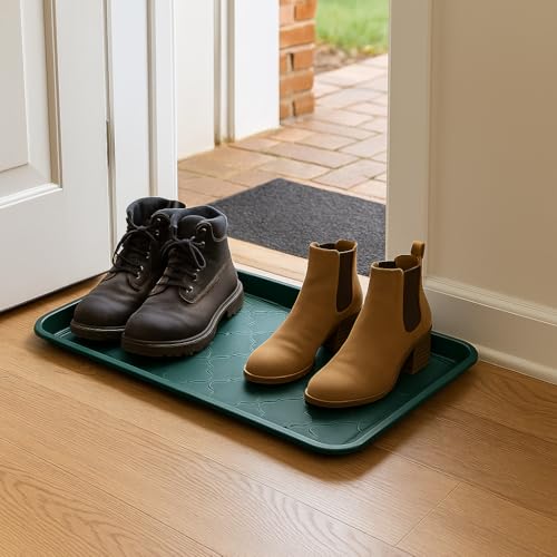 2 Pack Boot Tray & Shoe Mat for Entryway – 16.5" x 12.5" Floor Protector for Wet & Muddy Shoes, Pets, Plants – Waterproof Plastic with Raised Edge for Indoor/Outdoor Use (Green) - color: Green