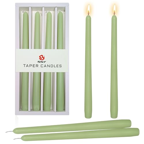 10 Inch Taper Candles Handmade Set of 4 – Unscented Tapered Candles in Sage Green, Candlesticks Smokeless Candle Sticks for Wedding, Home Decor, and Garden Parties - color: Green Cedar