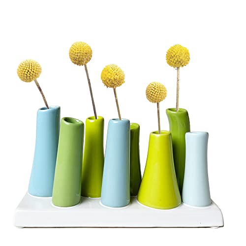 Chive - Pooley 2, Ceramic Flower Vase, 8-Tube Shape (Scout Blue with Blue and Green) - color: Scout Blue With Blue and Green