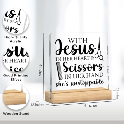 Hairstylist Gif,Hairdresser Gift,Hair Stylist Gifts for Women Her Jesus in Her Heart and Scissors in Her Hand Acrylic Desk Decor Sign with Wood Stand for Hair Salon Barbershop 4 X 4 Inch - color: Jesus