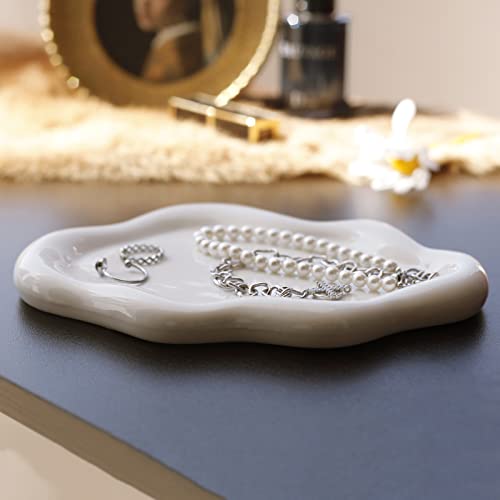 Jewelry Dish Trinket Tray for Women, Ring Dish Holder, Unique Cloud Shape Ceramic Plate Cute Things Vanity Aesthetic Room Decor Mother's Day Birthday (White) - color: White