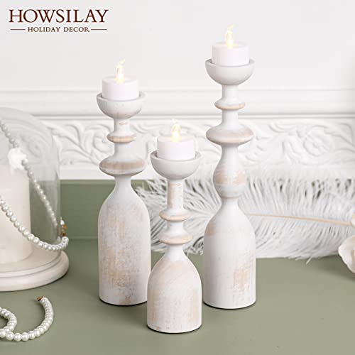 HOWSILAY Wood Candle Holder Candlestick Holders for Table Centerpiece - Rustic Farmhouse Decor Candle Stand fits 3/4" or 7/8" Taper Candle&Dia 1.5" Led Tea Lights or Pillar Candles(White) - color: White