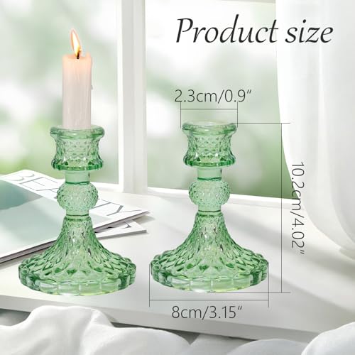 Glass Candlestick Holders Set of 2，Taper Candle Holders Fit 0.8 Inch Candles, Crystal Decorative Candle Stand Centerpiece for Table Wedding Dinning Party 4 Inch Tall (Green) - color: Green