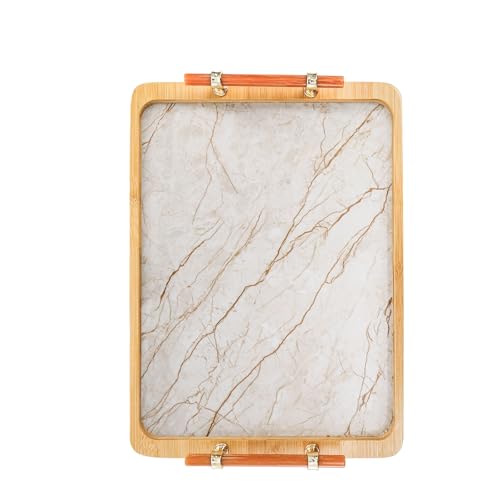DEAYOU Bamboo Serving Tray with Handles, Marble Pattern Plastic Decorative Ottoman Tray, Large Serving Platter for Coffee Table, Breakfast, Dinner, Perfume, Kitchen Counter, Rectangle, 15.5"x11.5"