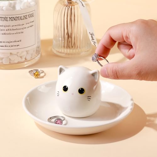 Cat Mom Gifts for Women, Kitty Cat Ring Holder for Jewelry, Jewelry Tray Dish Rings Bracelets Earrings Trinket Tray, Mother's Day Birthday Wedding Christmas Gifts - style: White Cat