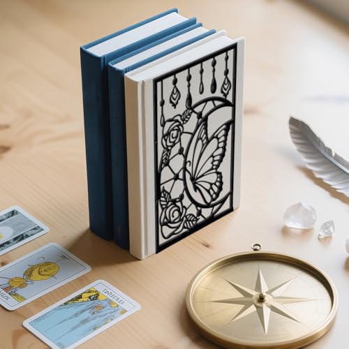 WADORN 1 Pair Moon Butterfly Rose Metal Decorative Bookend for Shelves, Heavy Duty Book Ends Modern Non-Skid Books Holder Stand Black Book Support Stoppers for Desk Bookshelf Office, 5.3x4.3x7.9 Inch - color: Moon Butterfly Rose