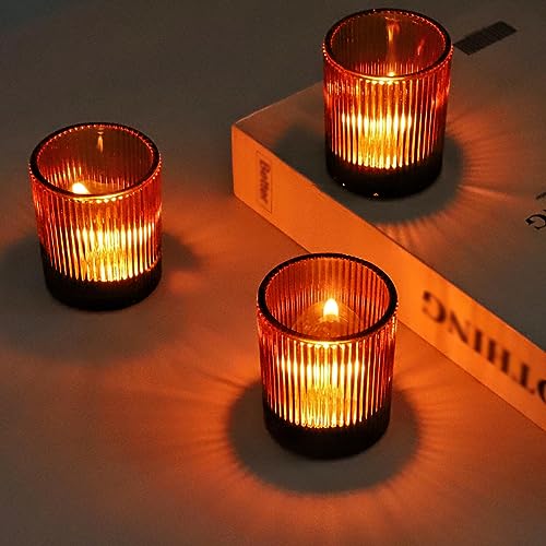VOHO Amber Candle Holders for Votive Candles/Tea Lights Candles, Ribbed Votive Candle Holders for Table Centerpiece, 12pcs Tealight Candle Holder Decor for Thanksgiving & Christmas - color: Brown