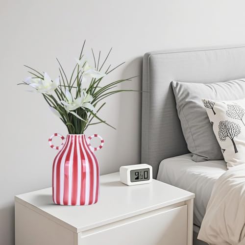 Red and White Ceramic Vase with Handle, Nordic Boho Small Vases Side Table Flower Centerpiece, Wide Mouth Single Flower Vase Pampas Grass Decorative - for Home Window Sill Living Dining Room Kitchen - color: Red and White