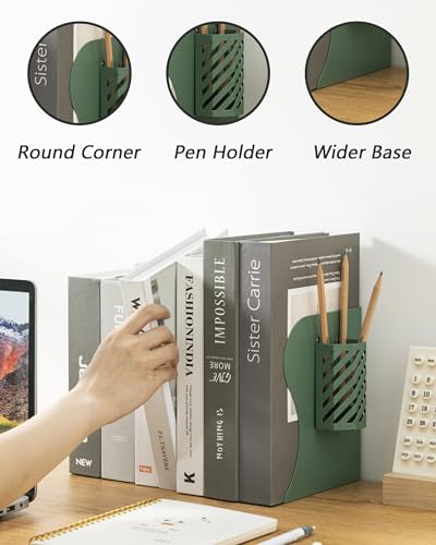 Kingsmile Book Ends, Adjustable Bookends for Shelves, Metal Bookends for Heavy Books, Book Stopper Organzier with Pen Holder for Desk, Kids Room, Office, Classroom, Library, Study Room.(Green) - color: Green