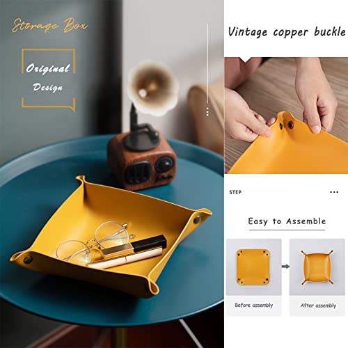 Valet Tray, Leather Tray, Small Catchall Tray, Foldable Jewelry Travel Organizer, Suitable for Travel, Storage, Nightstand, Home or Office (Yellow-S) - color: Yellow