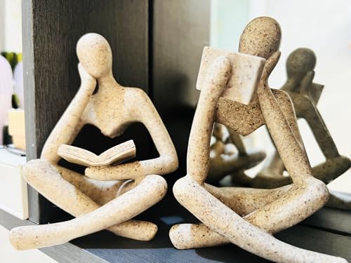 2 Pcs Home Decor Sandstone Reading Thinker Statue Modern Figurines Abstract Aesthetic Sculpture Thinker Statuettes of Resin for Home Decoration Living Room Office Bookshelf Shelf Table