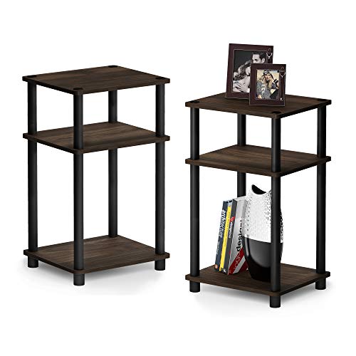 Furinno Just 3-Tier Turn-N-Tube End Table / Side Table / Night Stand / Bedside Table with Plastic Poles, 2-Pack, Columbia Walnut/Black - color: Columbia Walnut/Black, size: 3-Tier, Round Pole, style: 2-Pack