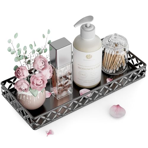 EKNITEY Vanity Tray for Bathroom Counter - Small Rectangle Decorative Tray 11 Inch Black Batroom Countertop Tray Organizer for Perfume Makeup Cosmetic Jewelry - color: Rectangle Floral-black