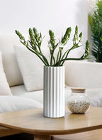 GeLive Glazed White Ceramic Vase Ribbed Straight Cylinder Minimalist Waterproof Flower Vase, Home Decor Centerpiece for Fresh Bud Artificial Dried Flowers 9 Inch Height - style: Straight Cylinder