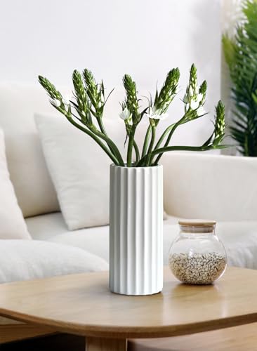 GeLive Glazed White Ceramic Vase Ribbed Straight Cylinder Minimalist Waterproof Flower Vase, Home Decor Centerpiece for Fresh Bud Artificial Dried Flowers 9 Inch Height - style: Straight Cylinder